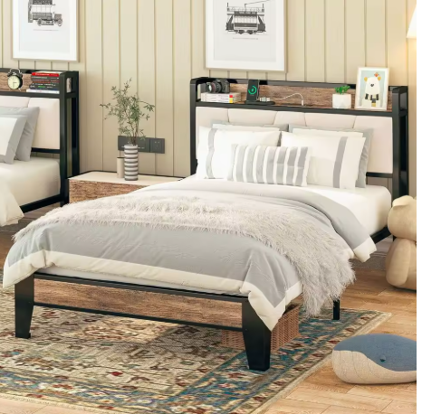 Photo 1 of **MISSING ASSEMBLY HARDWARE** LIKIMIO Twin Bed Frames,Storage Headboard with Charging Station,Solid and Stable, Noise Free, Easy Assembly,No Box Spring Needed