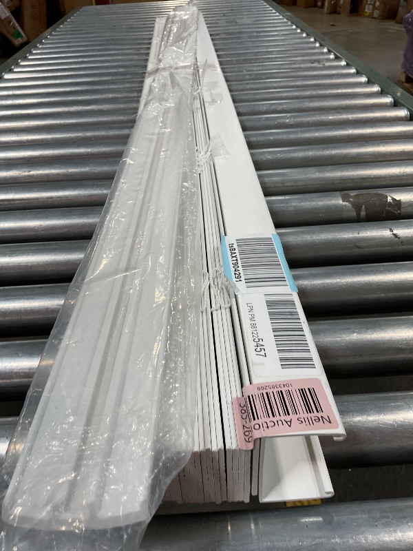 Photo 1 of **SELLING FOR PARTS AS PARTIAL SET. SCUFFS AND DIRT. MISSING HARDWARE. MISSING CONTROL ROD** DEZ FURNISHINGS Cordless 2" Signature Smooth Faux Wood Blind, 59.5" W x 48" H, Smooth White