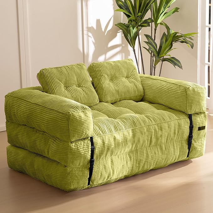 Photo 1 of **DIRT FROM TRANSPORT **MAXYOYO Folding Sofa Bed, L-Shaped Convertible Sofa Bed with Armrest Foldable Sleeper Couch with Pillow, Portable Fold Out Chair Comfy Floor Couch Lounge for Living Room Bedroom, Green, Double