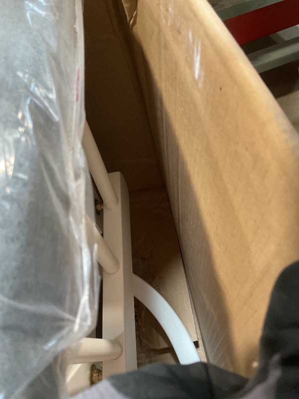 Photo 1 of **SELLING FOR PARTS. MAJOR DAMAGE.**  Storkcraft Premium Hoop Glider & Ottoman (White/Gray) — GREENGUARD Gold Certified Nursery Glider, Solid Wood Craftsmanship, Smooth-Gliding Nursery Chair and Ottoman, Award-Winning