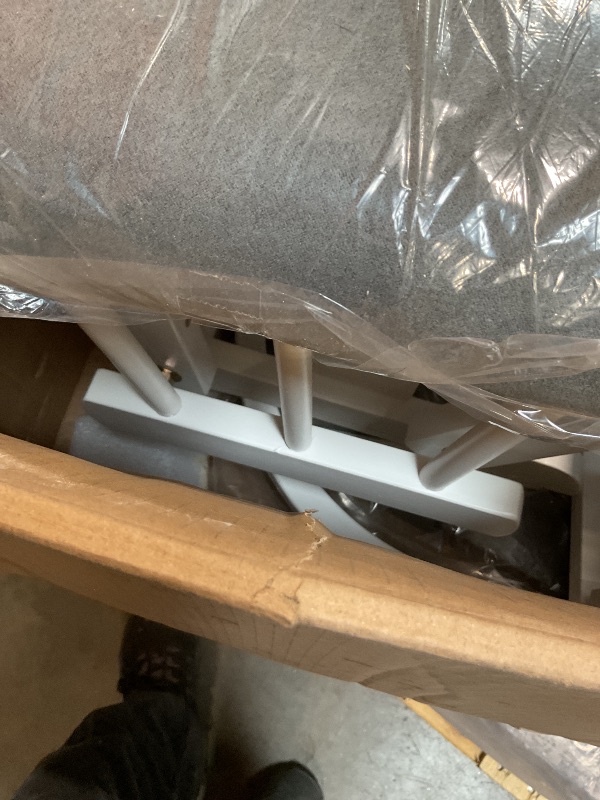 Photo 1 of **SELLING FOR PARTS. MAJOR DAMAGE.**  Storkcraft Premium Hoop Glider & Ottoman (White/Gray) — GREENGUARD Gold Certified Nursery Glider, Solid Wood Craftsmanship, Smooth-Gliding Nursery Chair and Ottoman, Award-Winning