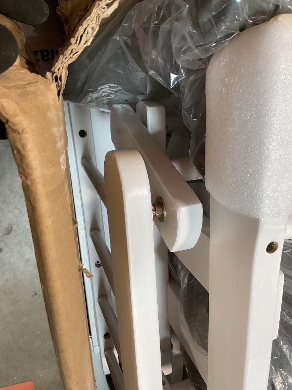 Photo 1 of **SELLING FOR PARTS. MAJOR DAMAGE.**  Storkcraft Premium Hoop Glider & Ottoman (White/Gray) — GREENGUARD Gold Certified Nursery Glider, Solid Wood Craftsmanship, Smooth-Gliding Nursery Chair and Ottoman, Award-Winning