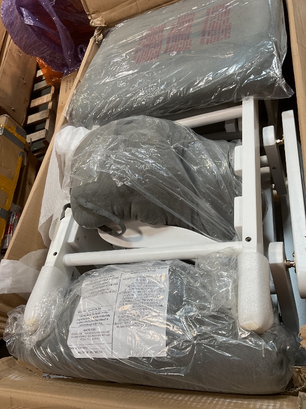 Photo 1 of **SELLING FOR PARTS. MAJOR DAMAGE.**  Storkcraft Premium Hoop Glider & Ottoman (White/Gray) — GREENGUARD Gold Certified Nursery Glider, Solid Wood Craftsmanship, Smooth-Gliding Nursery Chair and Ottoman, Award-Winning