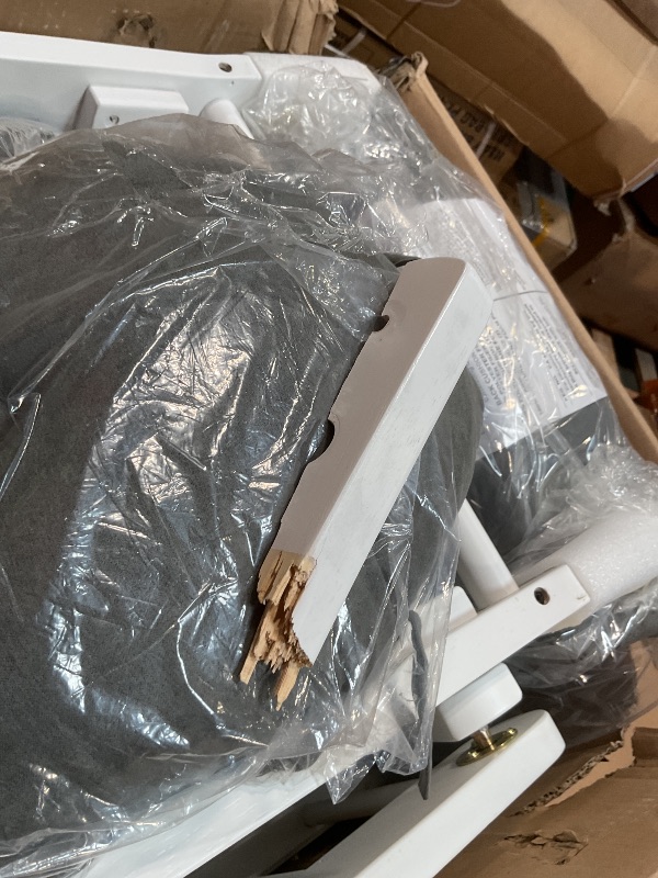 Photo 1 of **SELLING FOR PARTS. MAJOR DAMAGE.**  Storkcraft Premium Hoop Glider & Ottoman (White/Gray) — GREENGUARD Gold Certified Nursery Glider, Solid Wood Craftsmanship, Smooth-Gliding Nursery Chair and Ottoman, Award-Winning