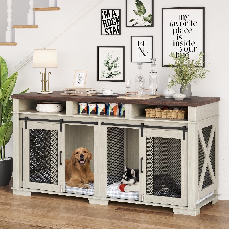 Photo 1 of **TWO BOXES**GARVEELIFE 71 IN DOG CRATE FURNITURE FOR 2 DOGS, LARGE DOUBLE DOG CAGE WITH 3 STORAGE DRAWERS & REMOVABLE DIVIDER, DOG KENNEL AS TV STAND, FURNITURE STYLE DOG CRATES WITH SLIDING BARN DOOR