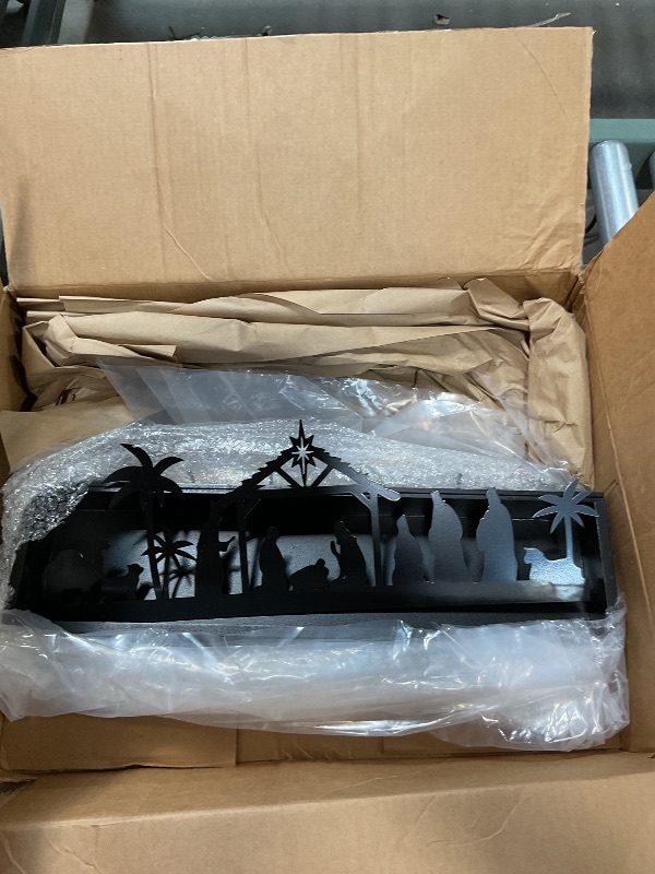 Photo 1 of **ONE HOOK MISSING/BROKEN**Seeloowy Christmas Nativity Wooden Box with Stocking Hanger Christmas Stocking Holder for Mantel Nativity Multipurpose Table Centrepiece Box with 6 Hooks Wooden Table Centrepiece for Xmas Entryway