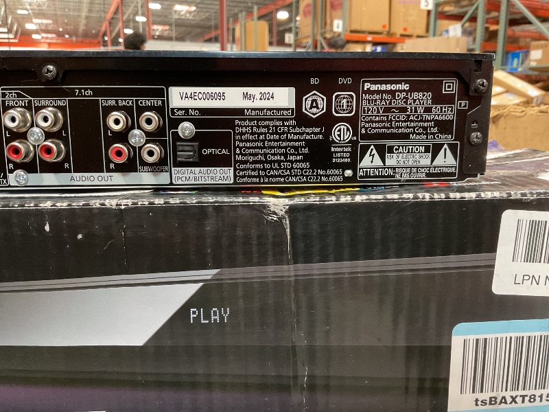 Photo 1 of **Used** Panasonic Streaming 4K Blu Ray Player with Dolby Vision and HDR10+ Ultra HD Premium Video Playback, Hi-Res Audio, Voice Assist - DP-UB820-K (Black)