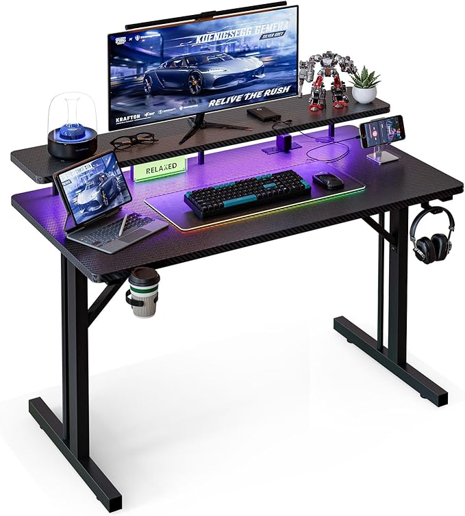 Photo 1 of **PICTURE FOR REFERENCE**Grandder 40 inch Gaming Desk with LED Lights & Power Outlets, Computer Desk with Monitor Stands, Gamer Table with Hook and Cup Holder, Carbon Fiber Texture, Kids Boys Gift for Men, Black