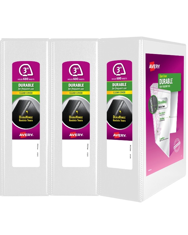 Photo 1 of **DENTS**Avery 3 Ring Binder 3 Inch Slant Rings Durable View, White Binder for Home, Office, or School Use, 3 Pack (17030)