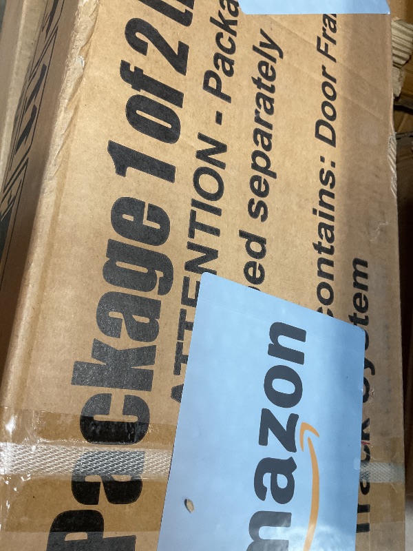 Photo 1 of **SELLING FOR PARTS AS PARTIAL SET. BOX 1 OF 2**SmartStandard 42in x 84in Sliding Barn Door with 7FT Barn Door Hardware Track Kit & Handle, Waterproof PVC Surface, Pre-Drilled Holes Easy to Assemble, White, Solid, MDF, 3 Panel