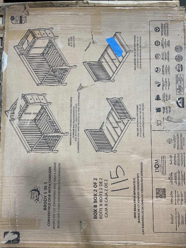 Photo 1 of ****INCOMPLETE SET BOX IS MARKED AS 2 of 2. BOX 1 IS NOT INCLUDED**** Dream On Me Brody 5-in-1 Convertible Full-Size Baby Crib & 3-Drawer Changer in White, Pinewood, GreenGuard Gold & JPMA, 1” Changer Pad, 3 Mattress Heights, Converts to Toddler & Full Si