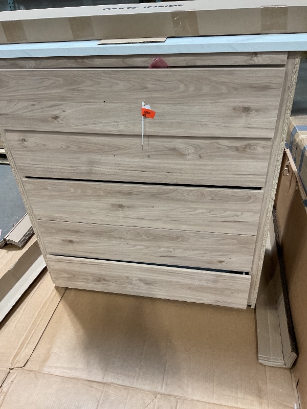 Photo 1 of **TRUCK PICK UP ONLY** Signature Design by Ashley Cadmori Bohemian 5-Drawer Chest of Drawers with Safety Stop and Post Legs, White & Light Brown