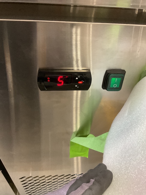 Photo 1 of **DIRT**VEVOR 67"W Commercial Refrigerator, Pizza Prep Refrigerated Table, 19.3" Ultra Wide Countertop Food Prep Fridge, 20.3 Cu.Ft Single Door Salad Prep Fridge, 9 Pans Pizza Make Worktop with Cutting Board