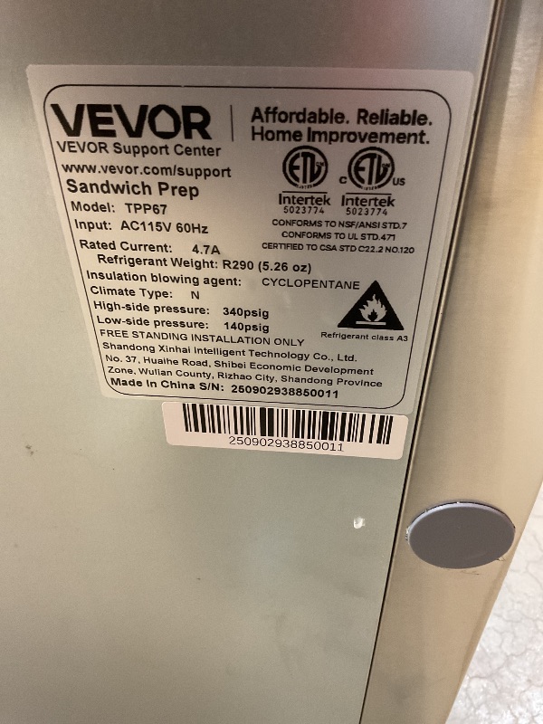 Photo 1 of **DIRT**VEVOR 67"W Commercial Refrigerator, Pizza Prep Refrigerated Table, 19.3" Ultra Wide Countertop Food Prep Fridge, 20.3 Cu.Ft Single Door Salad Prep Fridge, 9 Pans Pizza Make Worktop with Cutting Board