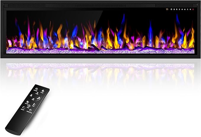Photo 1 of 50 Inch Electric Fireplace Heater, Recessed in-Wall and Wall-Mounted Linear Heater Fireplace,13 Adjustable Flame Color and 5 Brightness,Touch Screen & Remote Control,1500/750W, Black