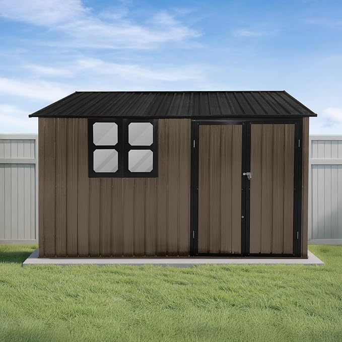 Photo 1 of 
10x8 Ft Storage Shed Outdoor, Large Permanent Steel Building with Window, Lockable Doors and 4 Air Vents for Backyard Garden Patio Lawn - Brown Two boxes