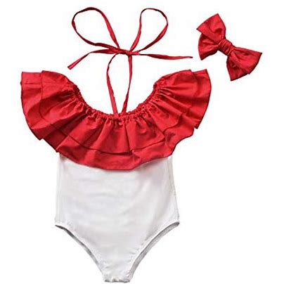 Photo 1 of **PHOTO FOR SHAPE REFERENCE STYLE DIFFERS IN PERSON** Girls striped bathing suit w ruffle neckline suit only