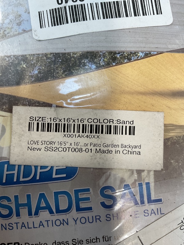 Photo 1 of 16' x 16' x 16' Beige Triangle Sun Shade Sail Outdoor Canopy Awning UPF50+ AGTAPRT18, 95% UV Blockage, Water & Air Permeable, Commercial Standard Heavy Duty (16.5 x 16)