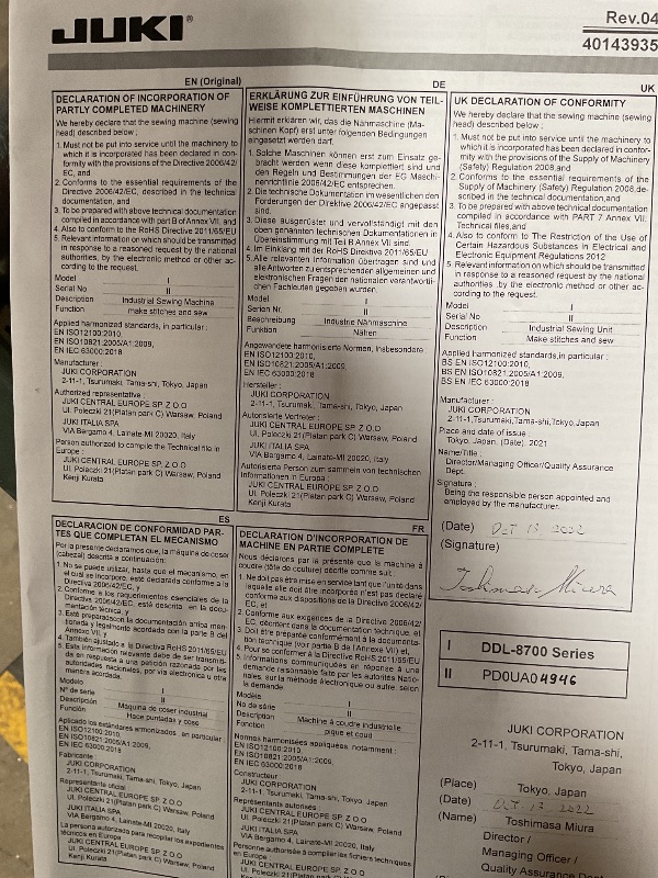 Photo 1 of **MISSING PEDAL AND TABLE** Juki DDL-8700 Industrial Single Needle Lockstitch Sewing Machine for Light & Medium Fabrics