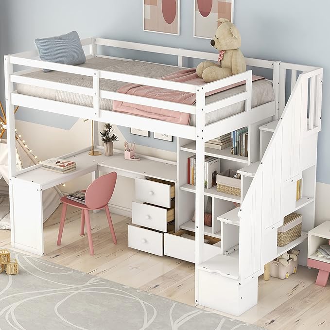 Photo 1 of **PARTIAL SET BOX 1 OF 3** Twin Size Loft Bed with L-Shaped Desk, Storage Staircase, Cabinet & Drawers
