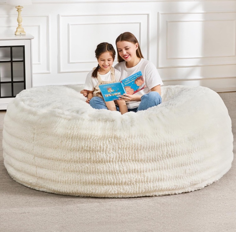 Photo 1 of *not in original box**Hobestluk Bean Bag Chairs Beanbag Chair with Filler Adult Bean Bags with Fluffy Ripple Cover, Giant Bean Bag Chairs for Adults (White, 6FT - 70" x 70" x 15")