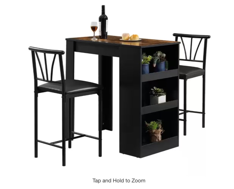 Photo 1 of **damage**Small Bar Table and Chairs, Dining Set for 2, Storage Shelves, Space-Saving, Retro Dinning Set