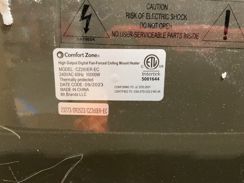 Photo 1 of *Hardware missing*Comfort Zone Hard-Wired Digital Ceiling Mount Heater with Full-Function Remote, 10,000 Watt, 240 Volt, Fan-Forced, Overheat Protection, Thermostat & 12-Hour Timer, Ideal for Garage & Workshop, CZ260ER