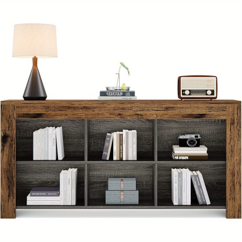 Photo 1 of 63-Inch Long Console Table, Rustic Wood Entryway Table with 6 Storage Cubes, Industrial Narrow Sofa Table Behind Couch Table for Living Room, Hallway