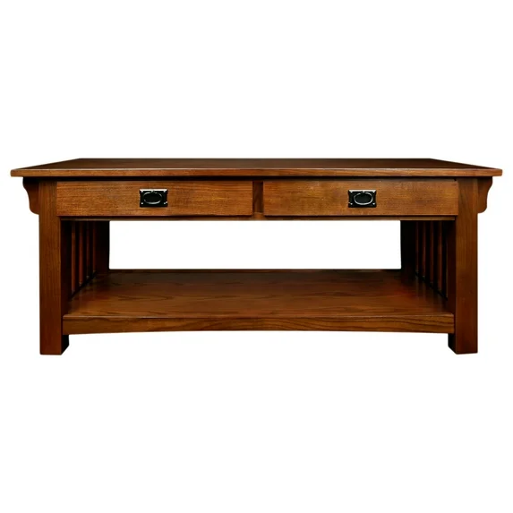 Photo 1 of **HAS VERY DAMAGED STICKY TABLETOP** Leick Home Mission Impeccable Wood 2-Drawer Coffee Table with Shelf, Medium Oak