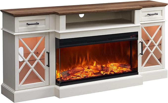 Photo 1 of **MISSING MANTLE & OTHER ASSEMBLY PIECES** OKD Farmhouse TV Stand with Fireplace, 70'' Entertainment Center Stand with 36" 3-Sided Glass Electric Fireplace for TVs Up to 80 in, with 2 Drawers & 2 Storage Cabinet for Living Room, Antique White