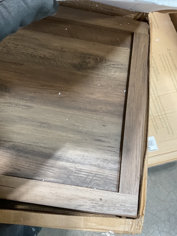 Photo 1 of **SELLING FOR PARTS. TWO PIECES COMING APART**LINSY HOME Farmhouse Coffee Table with Storage, Wood Coffee Table for Living Room, Open Display Area and Storage Drawers with Metal Handles, Chic Style with Curved Base, Brown