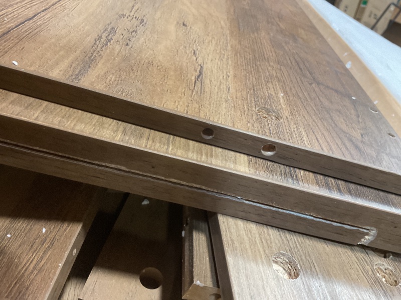 Photo 1 of **SELLING FOR PARTS. TWO PIECES COMING APART**LINSY HOME Farmhouse Coffee Table with Storage, Wood Coffee Table for Living Room, Open Display Area and Storage Drawers with Metal Handles, Chic Style with Curved Base, Brown