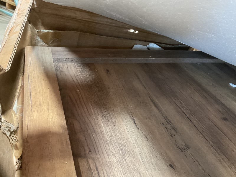 Photo 1 of **SELLING FOR PARTS. TWO PIECES COMING APART**LINSY HOME Farmhouse Coffee Table with Storage, Wood Coffee Table for Living Room, Open Display Area and Storage Drawers with Metal Handles, Chic Style with Curved Base, Brown