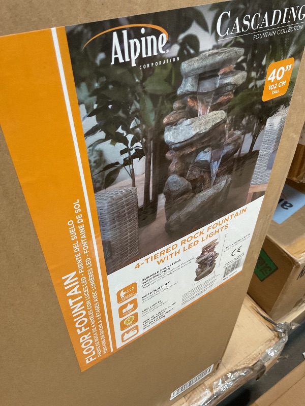 Photo 1 of **CONDITION BAD**Alpine Corporation WIN316 40" Floor Fountain – 4-Tiered Rock Water Feature with Cascading Streams & White LED Lights – Tranquil Outdoor Décor for Garden, Patio, Yard, Deck, or Porch, Light Gray