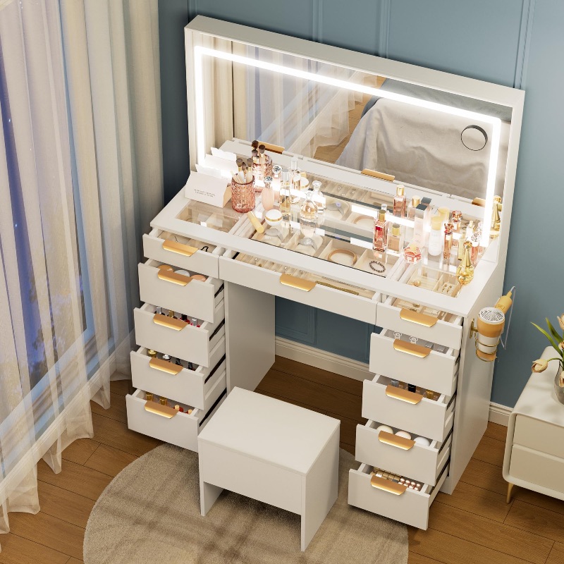 Photo 1 of **SELLING FOR,PARTS AS PARTIAL SET. MISSING MIRROR. ONE BOX OF TWO**PAMAPIC GLASS TOP VANITY DESK WITH MIRROR AND LIGHTS, 11 DRAWERS MAKEUP VANITY WITH CHARGING STATION AND CHAIR, GOLDEN HANDLES DRESSING TABLE, 3 LIGHTING MODES MAKEUP TABLE, WHITE