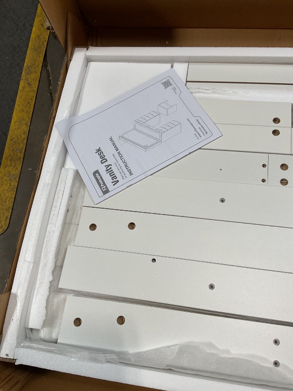 Photo 1 of **SELLING FOR,PARTS AS PARTIAL SET. MISSING MIRROR. ONE BOX OF TWO**PAMAPIC GLASS TOP VANITY DESK WITH MIRROR AND LIGHTS, 11 DRAWERS MAKEUP VANITY WITH CHARGING STATION AND CHAIR, GOLDEN HANDLES DRESSING TABLE, 3 LIGHTING MODES MAKEUP TABLE, WHITE