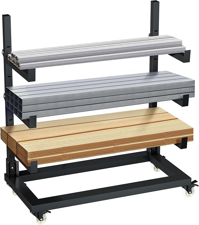 Photo 1 of 4-Tier Horizontal Storage Rack w/Wheels, Heavy-Duty Portable Steel Horizontal Bar Storage Cantilever Rack, Standing Lumber Horizontal Storage Rack, Metal Arms Pallet Racking Up to 5000 Lbs