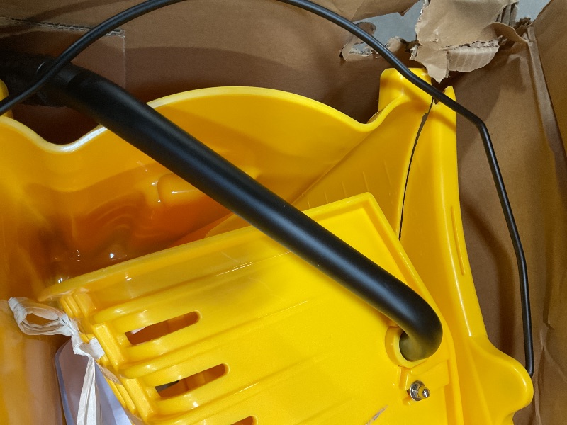Photo 1 of **SELLING FOR PARTS. MAJOR DAMAGE TO BUCKET**Amazon Basics Side Press Wringer Combo Commercial Floor Cleaning Rectangular Mop Bucket on Wheels, 35-Quart, Yellow
