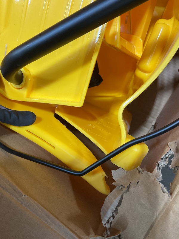 Photo 1 of **SELLING FOR PARTS. MAJOR DAMAGE TO BUCKET**Amazon Basics Side Press Wringer Combo Commercial Floor Cleaning Rectangular Mop Bucket on Wheels, 35-Quart, Yellow