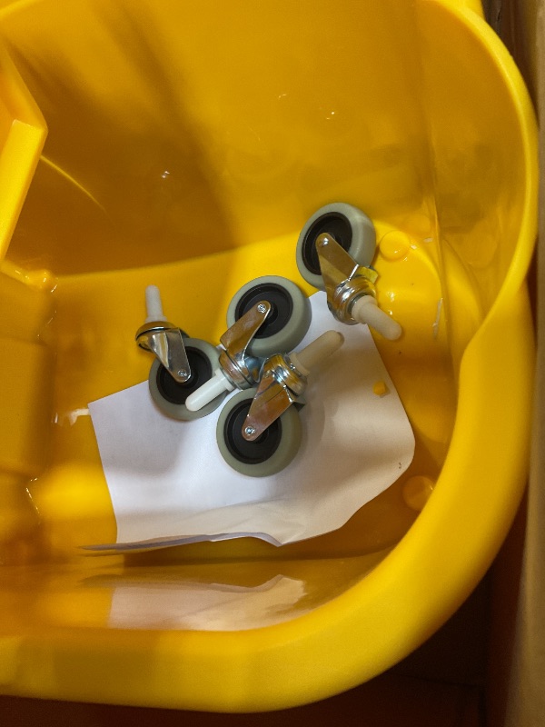 Photo 1 of **SELLING FOR PARTS. MAJOR DAMAGE TO BUCKET**Amazon Basics Side Press Wringer Combo Commercial Floor Cleaning Rectangular Mop Bucket on Wheels, 35-Quart, Yellow