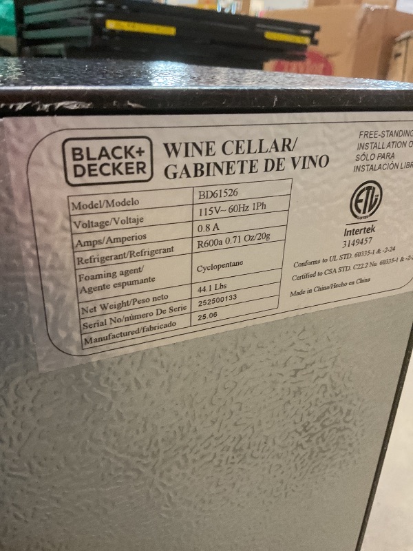Photo 1 of **SCRAPES AND DIRT**BLACK+DECKER BD61526 Wine Cellar, Black Cabinet with Gray Door Accent