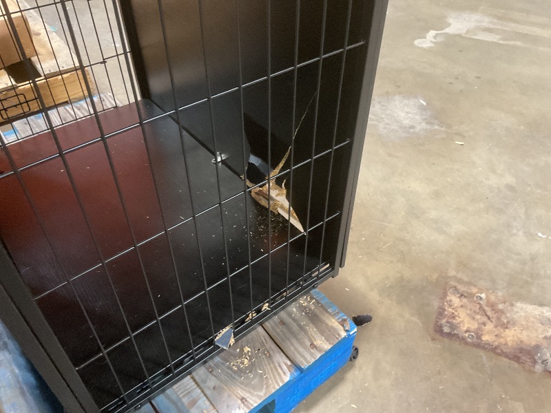 Photo 1 of **MAJOR DAMAGE TO WALL**DWANTON Dog Crate Furniture with Cushion, Wooden Kennel Table with Double Doors, Indoor Dog House, Medium Size, 32.5" L, Black