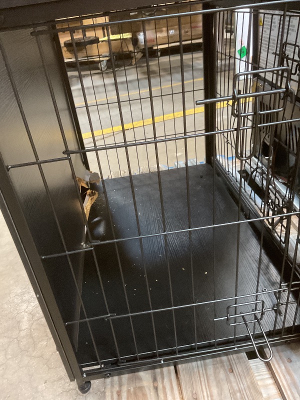 Photo 1 of **MAJOR DAMAGE TO WALL**DWANTON Dog Crate Furniture with Cushion, Wooden Kennel Table with Double Doors, Indoor Dog House, Medium Size, 32.5" L, Black