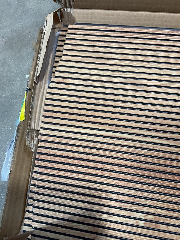 Photo 1 of **MINOR DAMAGE TO END ON ONE**Art3d 4-Pack Glue-On Fine Bar Wainscoting Panel for Interior Wall Decor - 104 x 12 Inch Polystyrene Ultralight Slim Slat Wall Panels for Living Room Bedroom, Teak