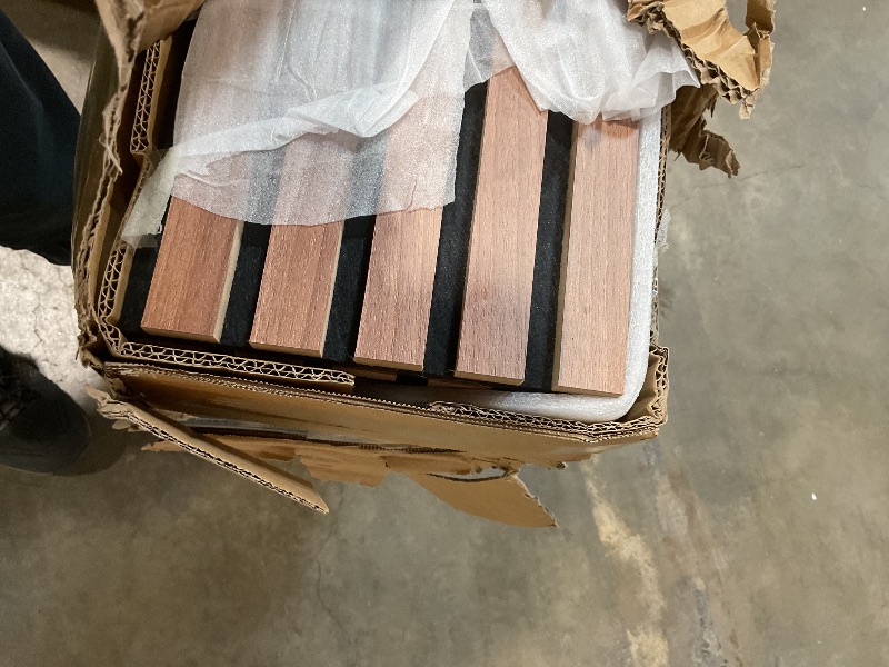 Photo 1 of **DIRT**Art3d 4-Piece Wood Slat Acoustic Panels for Stylish Decor and Noise Reduction, 3D Textured Panel for Ceiling and Wall, Walnut