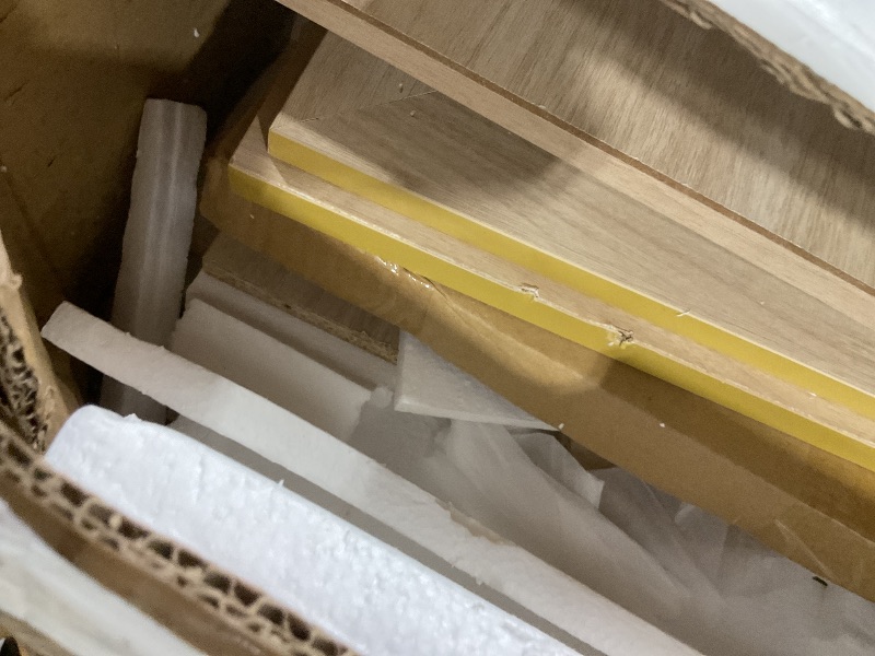 Photo 1 of **MINOR DENTS FROM TRANSPORT **LINSY Wood Vanity with Glass Top, Make Up Vanity Desk with Mirror and Lights, Boho Fluted Vanity with Storage, Drawers, Cabinet and Outlet, 48" Large Vanity Table for Bedroom, Women, Girls, Oak