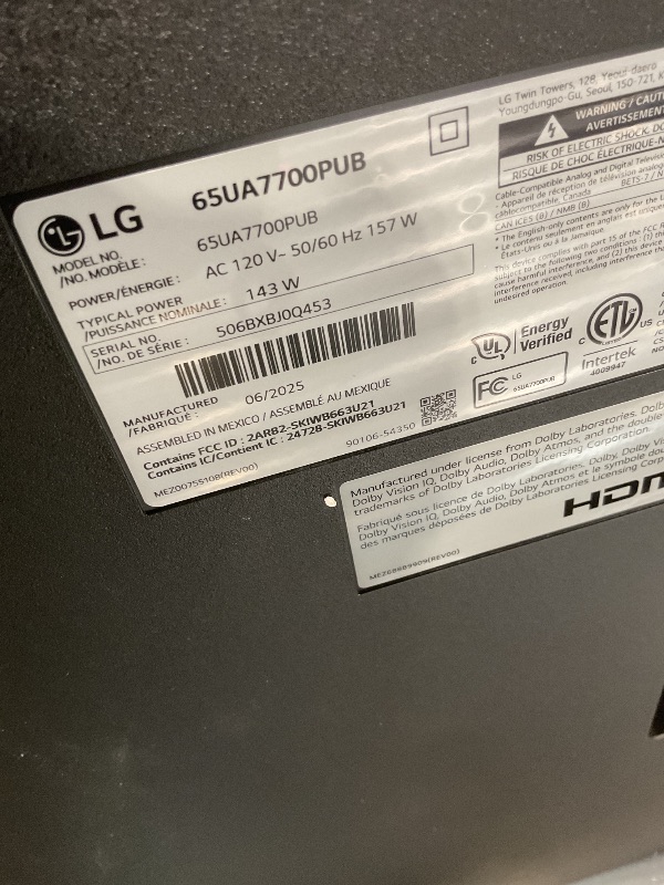 Photo 1 of **DIRT FROM TRANSPORT. MISSING REMOTE**LG 65UA7700P 65 inch Class UA77 Series LED AI 4K Smart webOS TV (2025)