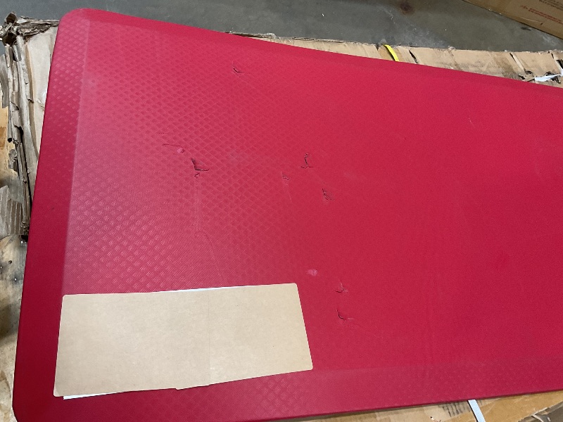 Photo 1 of **SCRAPES AND HOLES**KANGAROO Thick Ergonomic Anti Fatigue Mats for Kitchen Floor, 70x24 Runner, Cushioned Standing Office Desk Mat, Waterproof Scratch Resistant Topside, Supportive All Day Comfort Padded Foam Rugs, Red