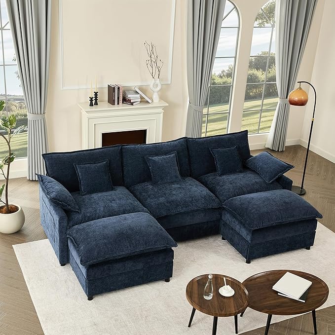 Photo 1 of 108" U Shaped Couch, Modular Sectional Sofa, 3-Seater Comfy Cloud Couch with Movable Ottoman, Deep Seat Couches for Living Room, Chenille, Navy