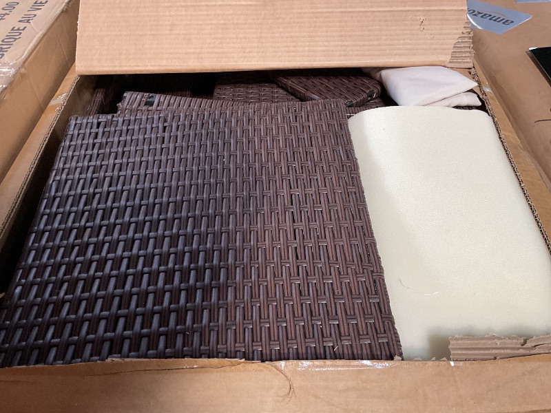 Photo 1 of **UNKNOWN LOCATION OF DAMAGES/ALSO HAS MISSING PARTS**  DUMOS Patio Furniture Set 4 Pieces, Outdoor Wicker Furniture with Coffee Table, Modern Rattan Patio Chairs Conversation Sets with Sofa for Garden, Terrace, Porch, Balconies, Lawns, Brown